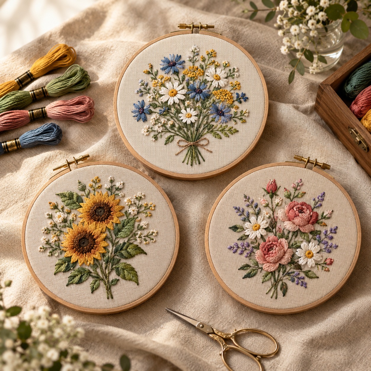 Hand embroidery kit in wooden hoop