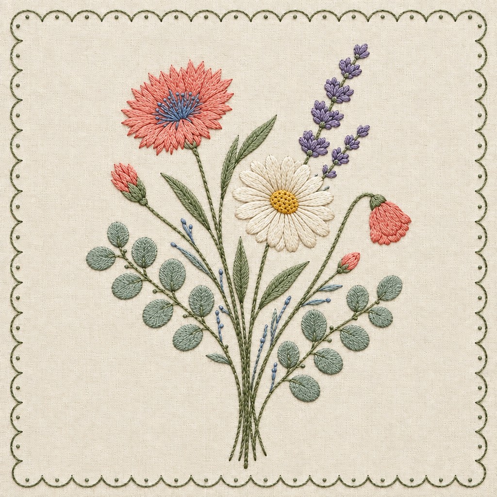 Close-up of stitched wildflower bouquet