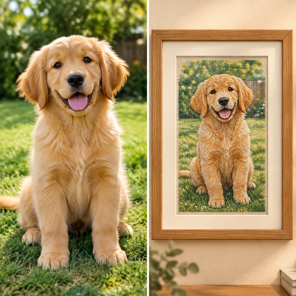 Golden retriever photo and finished hand-embroidered portrait