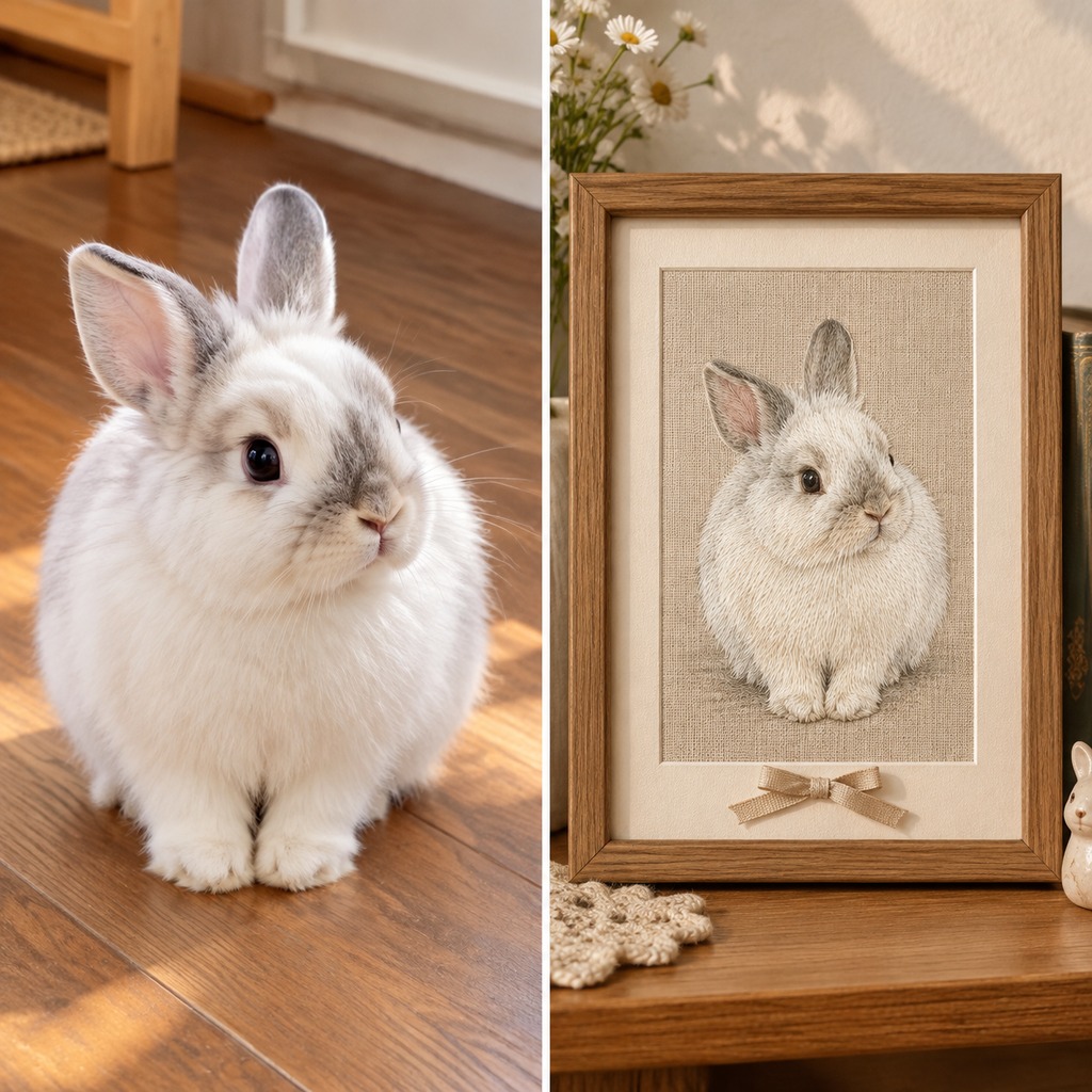 Rabbit photo and finished hand-embroidered portrait
